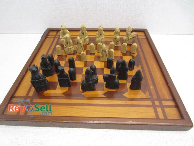 Lot 31-6266 - Rosewood Inlaid Game Board 22"sq and Chess Pieces