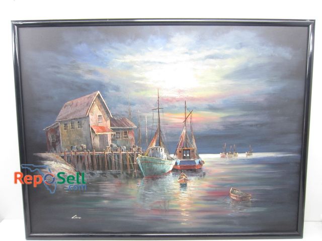 Lot 31-6351 - Framed Harbor Painting By Luini 58"x38"