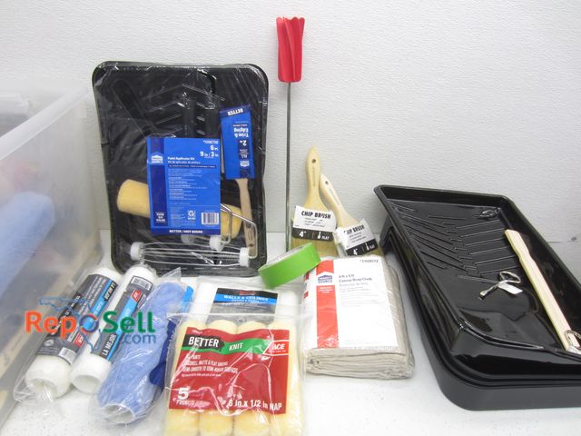 Lot 31-1479 - Clear Tote with Paint Supplies: Rollers, Drop Cloth, Brushes, etc.