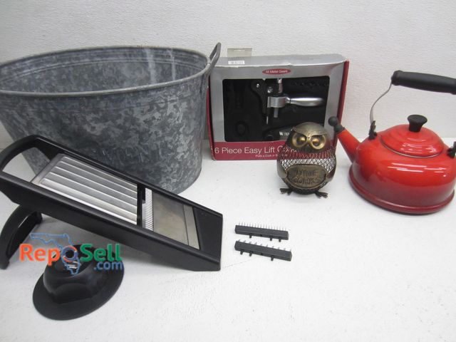 Lot 31-6056 - Estate Lot In Metal Bin: Le Creuset Tea Kettle, Mandolin, etc