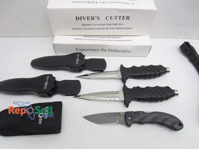 Lot 31-2064 - (2) Ocean Quest Stainless Steel Dive Knives And Titanium Pocket Knife With Sheath