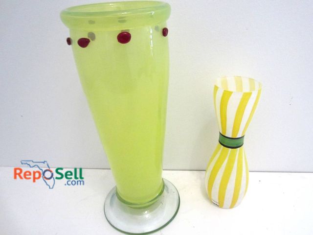 Lot 31-9089 - Two Glass Vases: Green Glass Vase With Red Detailing And A Kosta Boda Hand-Painted Vase.