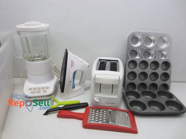 Lot 31-5526 - Kitchen/Estate Lot: Iron, Kitchen Aide Food Processor, Toaster, Muffin Tins, Picture Frame, Coasters...