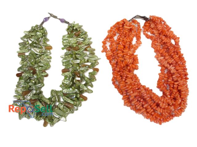 Lot 31-1547 - Green Gemstone Necklace and Orange Bead w/Silver Clasp