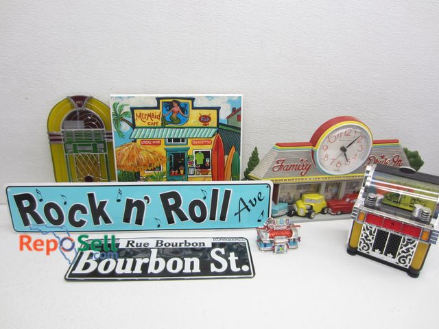 Lot 31-1054 - Estate Decor: Family Drive In Clock, Mini Juke Box, Metal Signs etc