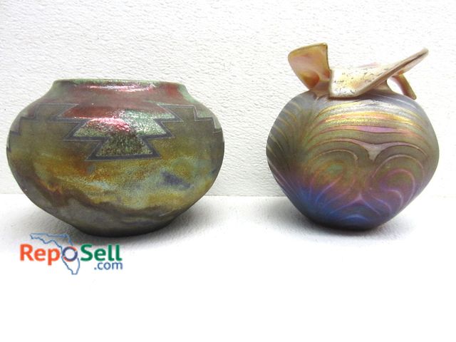 Lot 31-1143 - Raku Art Pottery signed R. Kevin Kelly and Painted Glass Vase by Joe Mattson