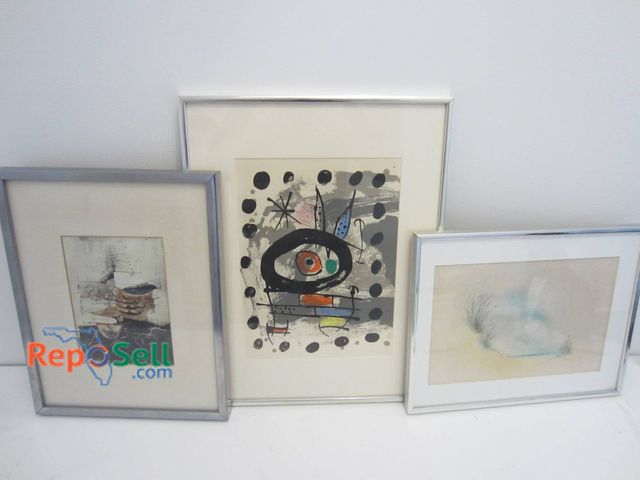 Lot 31-9076 - Three Framed Artworks: A Mixed Media Likely By Joan Miro, A Watercolor Landscape, And Another Abstra...
