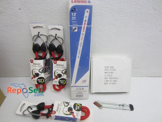 Lot 31-2307 - (50) New Nite-Ize 2' Bungee w/Hook Lock, (30) New Box Cutters &amp; (50) Lenox 12" 18 TPI Hack Saw B...