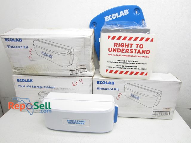 Lot 31-2357 - (3) Biohazard Cleanup Kits, First Aid (empty) Cabinet, SDS Communication Station