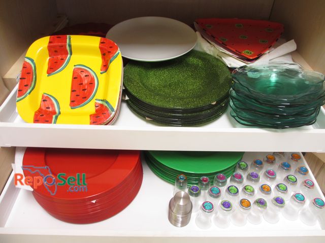 Lot 31-1186 - Large Lot of Dishes- Some Metal, Mostly Glass (2 Shelves) Large Serving Plates, (28) Shot Glasses, e...