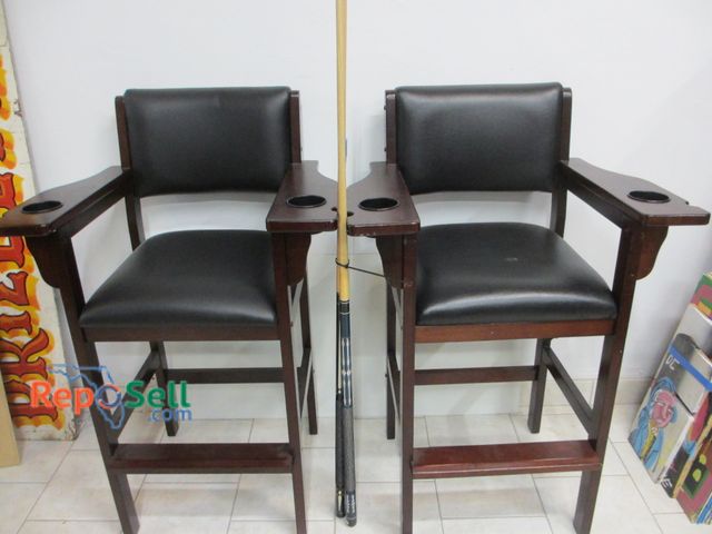 Lot 31-1114 - (2) Billiards Chairs 46"h x 18"d w/ (1) DC and (1) President Cue Sticks