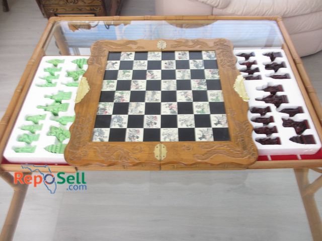 Lot 31-8510 - Asian-Themed Ornate Chess Set With Decorative Board And Storage Drawer