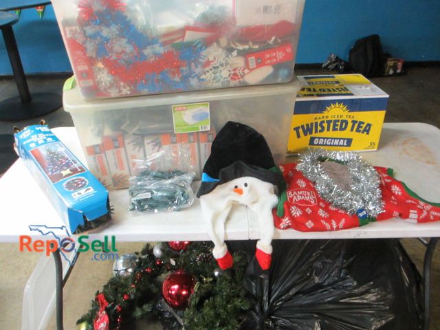 Lot 31-2173 - Xmas Lot: Sam Adams Sweater, Xmas Tree w/Stand &amp; Bag, Wreath, Lights - Some Unopened, Decor, etc...