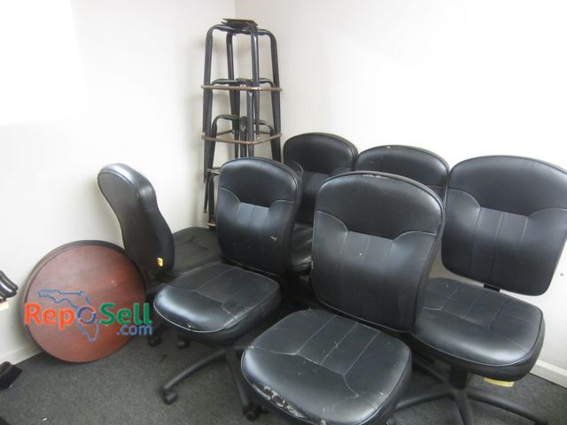 Lot 31-2117 - (6) Black Chairs, (5) Stool Legs, (4) 2' Table Tops