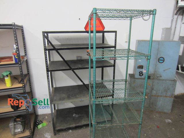 Lot 31-1323 - (2) Shelf Units, Eagle Green NSF Wire Shelving 74"H and Metal Shelf Unit 67"H