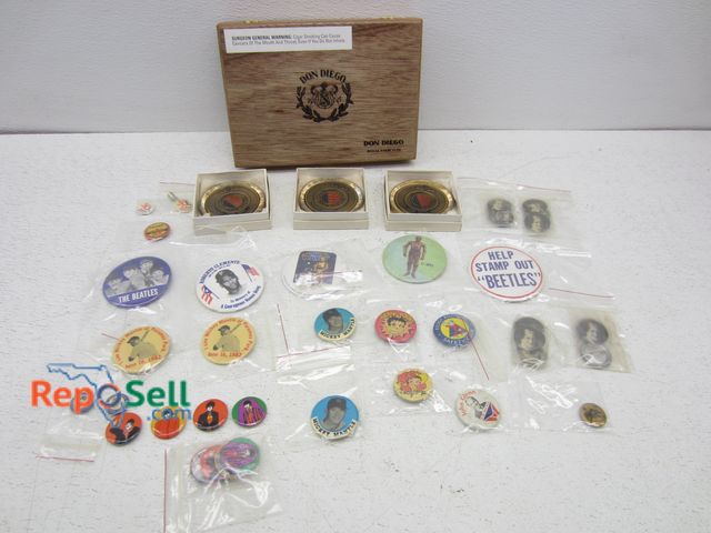 Lot 31-6370 - Vintage Button/Pin Collection: Beatles, 3 Stooges, Clemente, (3) AFL Coasters, etc.