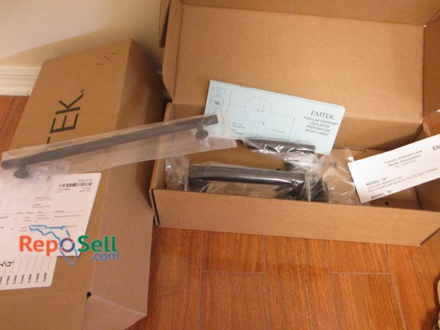 Lot 31-8159 - Emtek Entry Set Lock Door and Freestone Cabinet Pulls - Appear Complete - Please Inspect