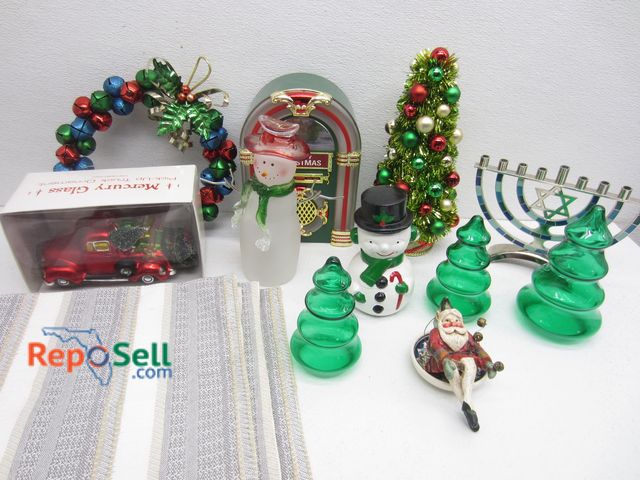 Lot 31-1221 - Christmas Decor: Wood Elf Ornament, Mercury Glass Truck, Juke Box etc
