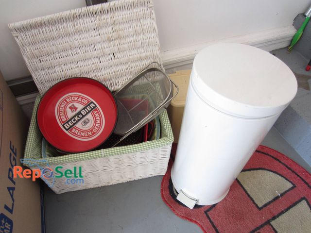 Lot 31-9208 - A red Beck's Bier branded metal tray, a white wicker basket with gingham lining containing various k...