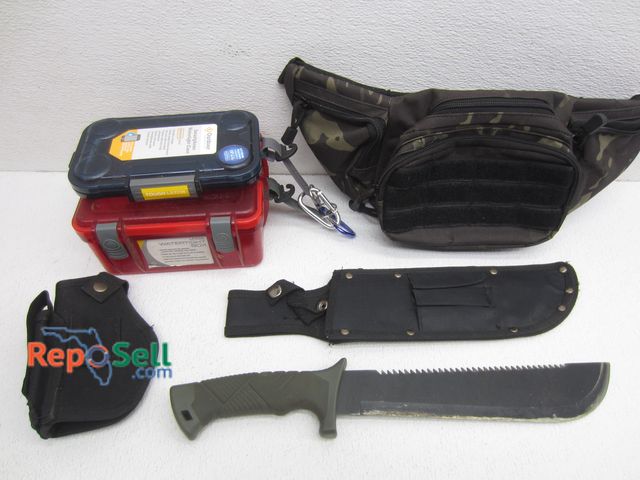Lot 31-5321 - Sporting Lot: (2) Watertight Boxes, Machete w/Sheath, Fanny Pack, Gun Holster