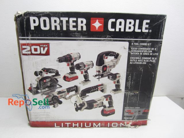 Lot 31-2200 - Porter Cable 20V 8-Tool Combo Kit #PCCK619L8 With (2) Batteries, Charger And Tool Bag - Some Box Dam...