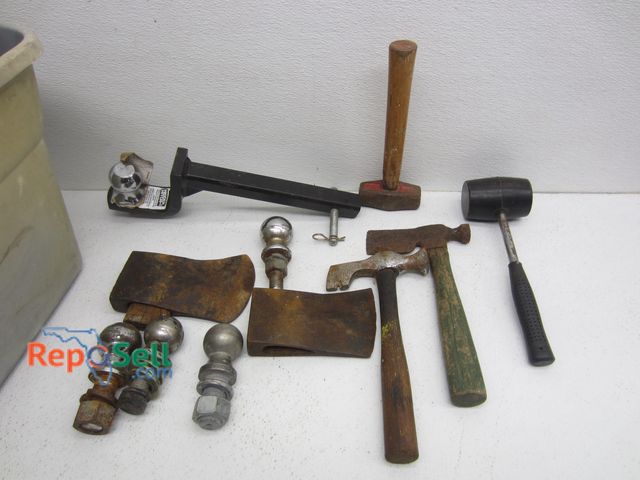 Lot 31-1195 - Tool Lot: (5) Hitch Balls, Hidden Hitch, (2) vintage axe heads