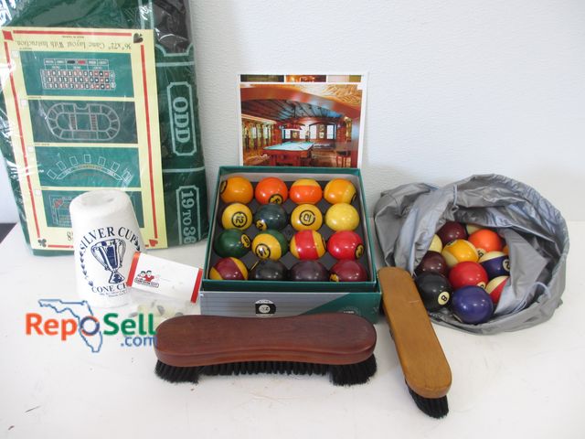 Lot 31-1249 - Assortment of Billiards Supplies; Belgian Premium Billiard Balls; Brushes; Chalk; Etc.