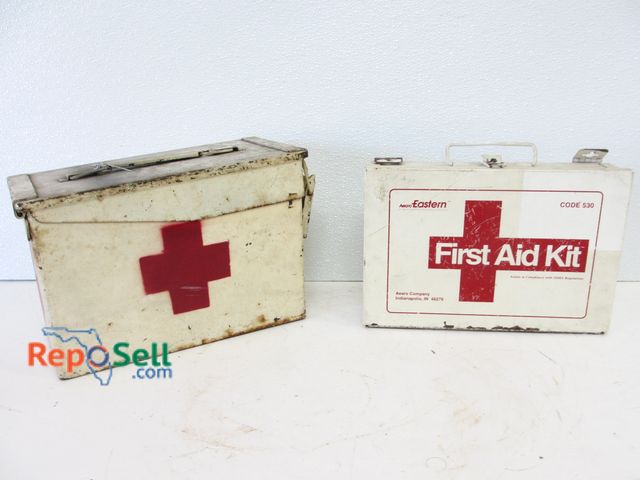 Lot 31-1122 - (2) Empty Vintage Metal First Aid Boxes (1) is Ammo Case Style