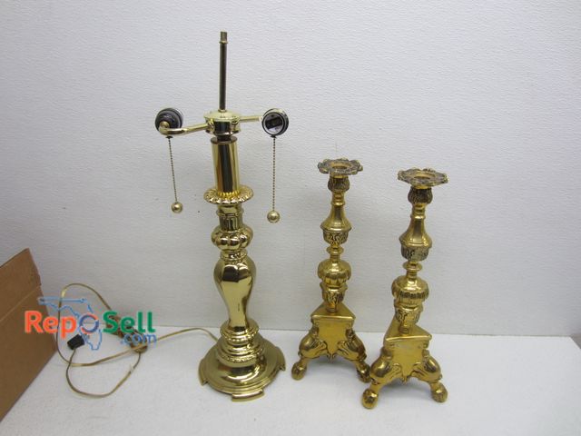 Lot 31-5254 - Brass Lamp And (2) Candlesticks - Power On