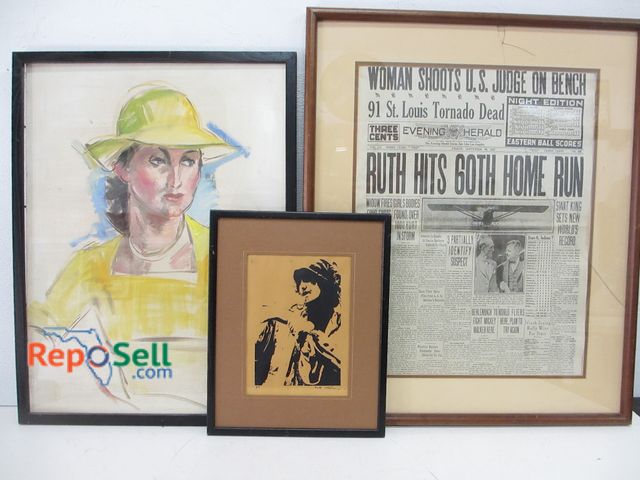 Lot 31-1328 - (3) Framed Pieces: Babe Ruth Newspaper (broken glass), Original Woman Portrait on Canvas, Signed 8/9...