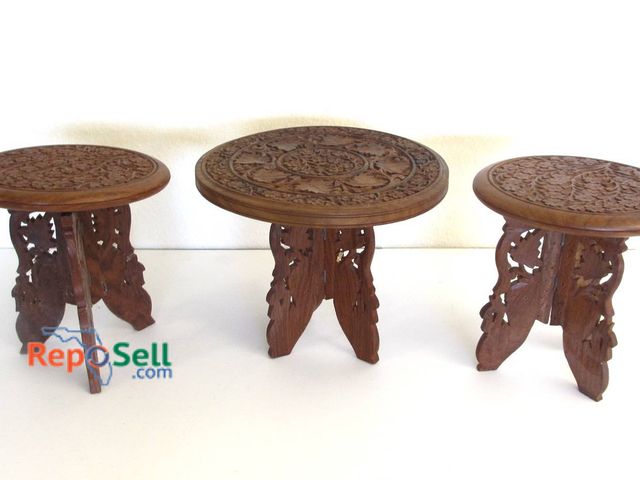 Lot 31-8514 - 3 Small Carved Wood Serving Stands With Ornate Floral Designs 12" x 9