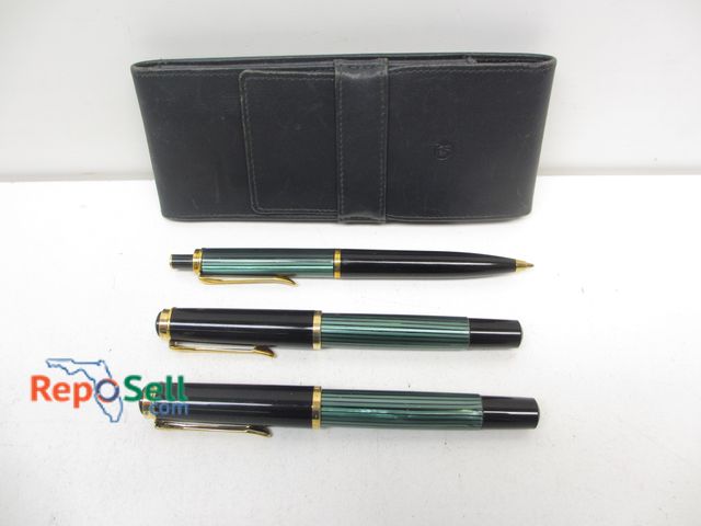 Lot 31-9265 - (2) Vintage Pelikan Fountain Pens labeled 14C-585 and mechanical pencil with leather case made in We...