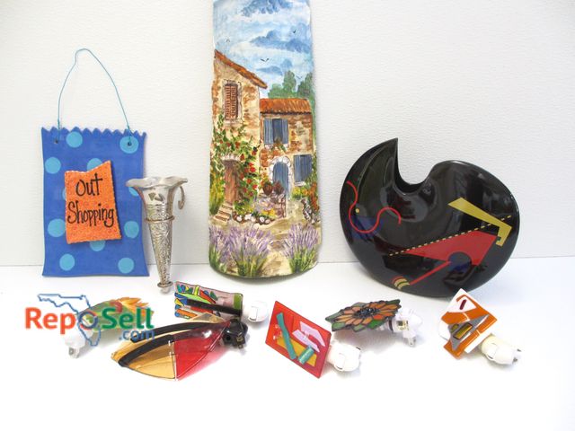 Lot 31-1348 - "Out Shopping" Decor by Salgal, Painted Concrete Hanging Art, Vase, Wall Light Plugs - Various Desig...