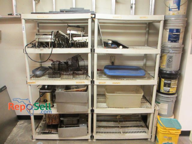 Lot 31-2083 - (2) Plastic Storage Racks (71x36x24 ea) and Contents: Deep Fryer Heads, Baskets, etc.