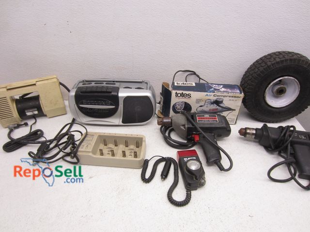 Lot 31-5384 - (2) Portable Compressors, (2) Drills &amp; Radio (all power on), Compressor Tire, etc.