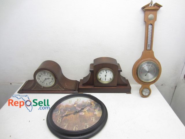 Lot 31-6243 - (2) Box wall clock and barometer, no keys: Sessions, Plymouth, etc. Tallest is 28.5"