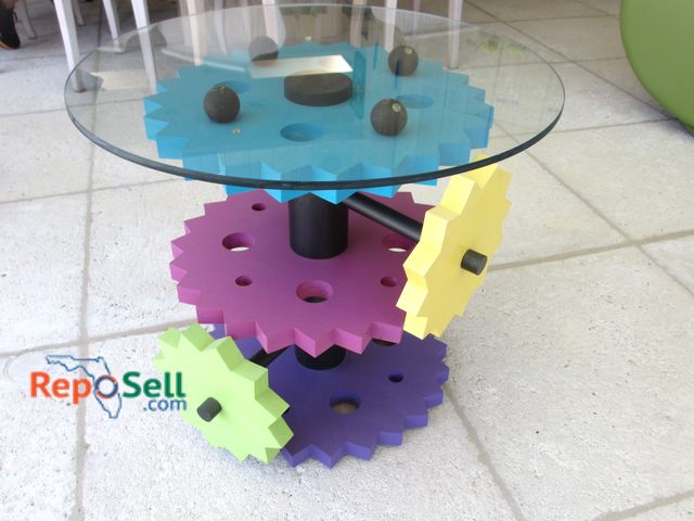 Lot 31-1020 - Gear Side Table - Glass Top, Wood Base, 22"H x 24"Diamater