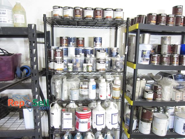 Lot 31-8058 - Rolling Shelf and Contents: Old Masters Stain, VeroMetal, Mohawk 75" x 36" x 18"