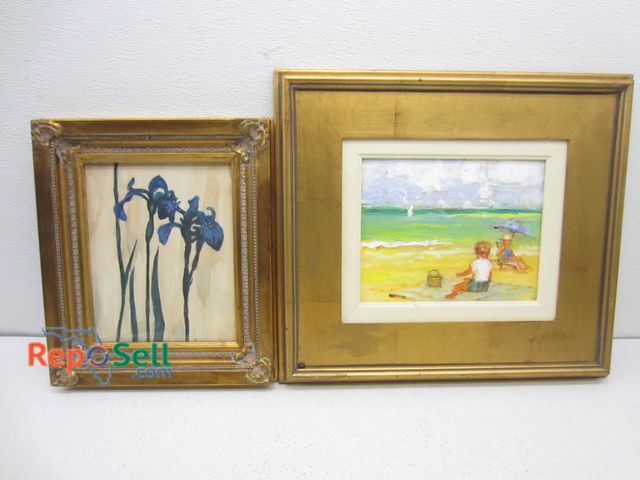 Lot 31-9330 - (2) Art Pieces, Floral Watercolor &amp; Beach Scene Acrylic in Gold Gilt Frames, Largest is 18"x16"