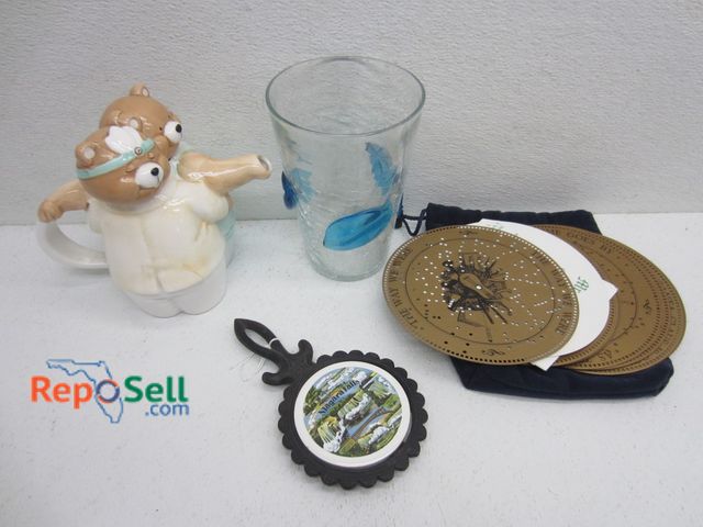 Lot 31-9447 - Estate Lot: Bear Teapot, Stretched Glass Vase, Records, etc.