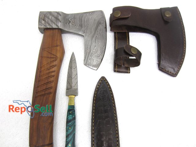 Lot 31-1056 - Axe &amp; Knife, Both w/Sheath, New &amp; Damascus Style