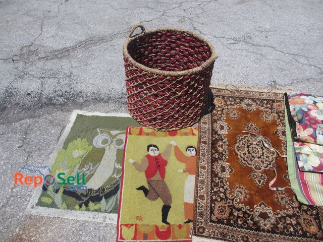 Lot 31-9278 - Large Woven Basket, (3) Rugs, Patio Chair Cushion