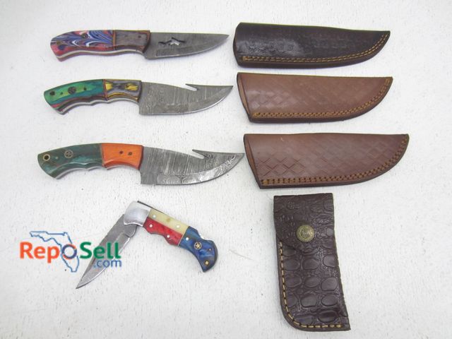 Lot 31-6229 - (4) Damascus Style Knives, (4) Sheaths