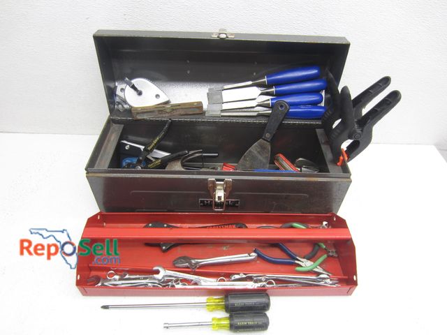 Lot 31-1369 - Metal Homak Toolbox w/Tools" Clamps, Chisels, Wrenches, etc.