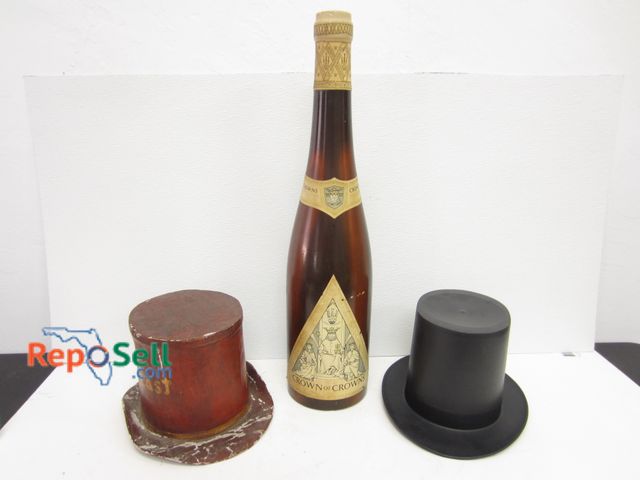 Lot 31-1155 - Vintage Crown Bottle and (2) Top Hats; (1) is Wood