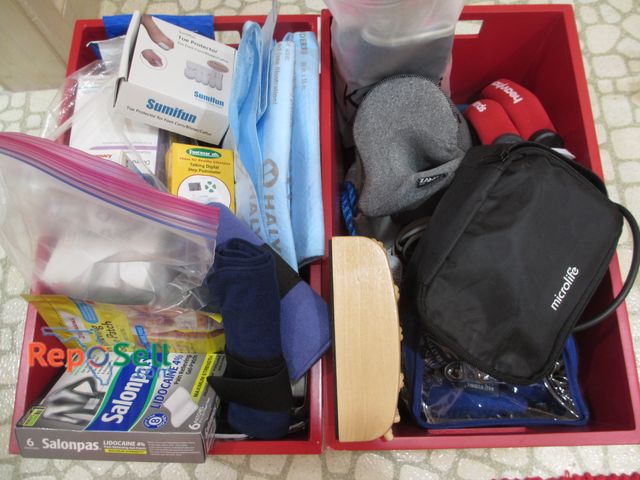 Lot 31-1342 - Misc Lot: Hand Weights, Wooden Foot Roller, Personal/First Aid Supplies, BP Cuff - Powers On, etc. -...