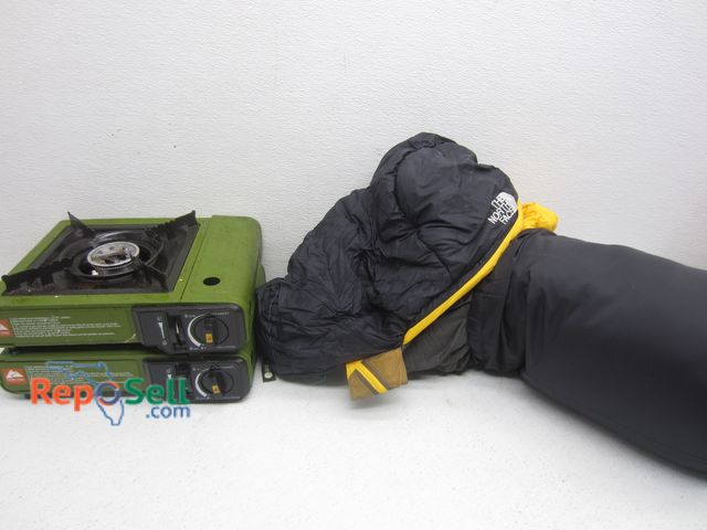 Lot 31-4088 - North Face Mummy Sleeping Bag &amp; (2) Ozark Single Burner Propane Camp Stoves