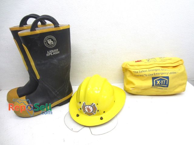 Lot 31-6095 - Fireman Helmet, Boots And Emergency 2 Story Ladder