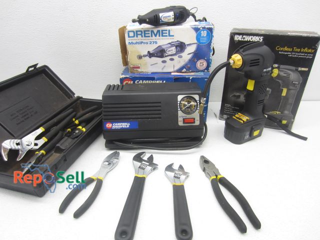 Lot 31-4389 - Tool Lot: (9) Stanley Hand Tools, Dremel (Powers On), Cordless Tire Inflator &amp; AirExpress 150psi...