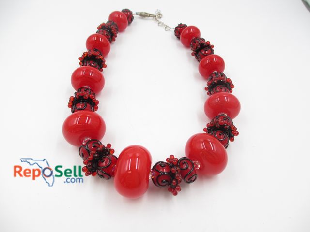 Lot 31-1544 - Angela Caputi Red Bead Necklace with Bag - No COA